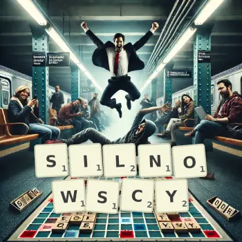 Kreatywna ilustracja do gry w Scrabble ze słowem SILNOWSCY ułożonym z płytek na planszy.