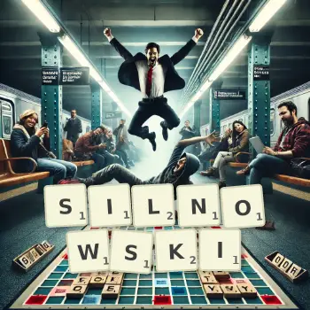 Kreatywna ilustracja do gry w Scrabble ze słowem SILNOWSKI ułożonym z płytek na planszy.