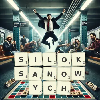 Kreatywna ilustracja do gry w Scrabble ze słowem SILOKSANOWYCH ułożonym z płytek na planszy.