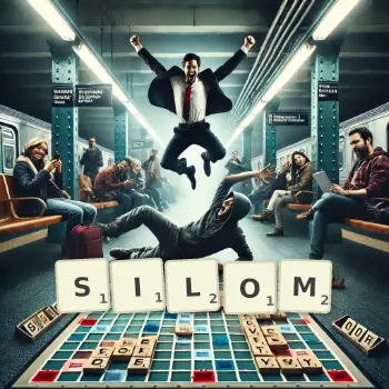 Kreatywna ilustracja do gry w Scrabble ze słowem SILOM ułożonym z płytek na planszy.