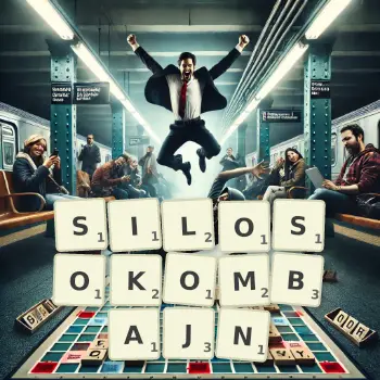 Kreatywna ilustracja do gry w Scrabble ze słowem SILOSOKOMBAJN ułożonym z płytek na planszy.