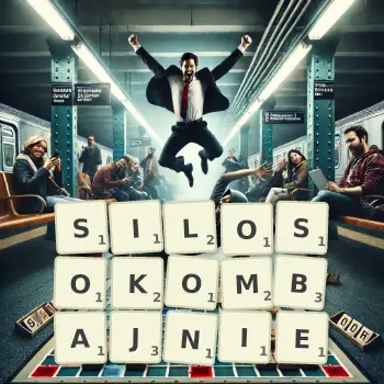 Kreatywna ilustracja do gry w Scrabble ze słowem SILOSOKOMBAJNIE ułożonym z płytek na planszy.
