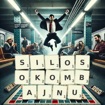 Kreatywna ilustracja do gry w Scrabble ze słowem SILOSOKOMBAJNU ułożonym z płytek na planszy.
