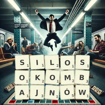 Kreatywna ilustracja do gry w Scrabble ze słowem SILOSOKOMBAJNÓW ułożonym z płytek na planszy.