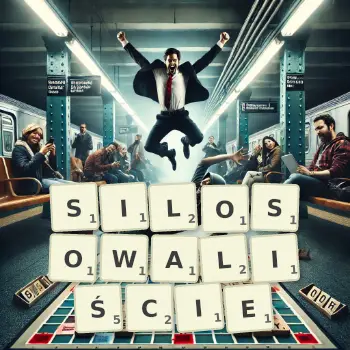 Kreatywna ilustracja do gry w Scrabble ze słowem SILOSOWALIŚCIE ułożonym z płytek na planszy.
