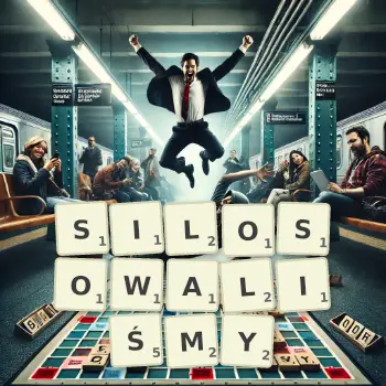 Kreatywna ilustracja do gry w Scrabble ze słowem SILOSOWALIŚMY ułożonym z płytek na planszy.