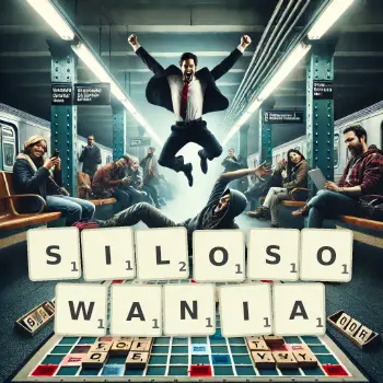 Kreatywna ilustracja do gry w Scrabble ze słowem SILOSOWANIA ułożonym z płytek na planszy.