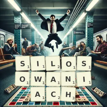 Kreatywna ilustracja do gry w Scrabble ze słowem SILOSOWANIACH ułożonym z płytek na planszy.