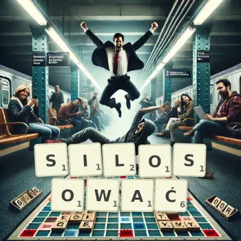Kreatywna ilustracja do gry w Scrabble ze słowem SILOSOWAĆ ułożonym z płytek na planszy.
