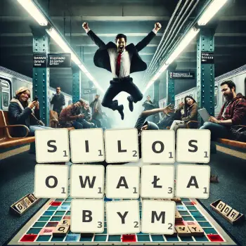 Kreatywna ilustracja do gry w Scrabble ze słowem SILOSOWAŁABYM ułożonym z płytek na planszy.