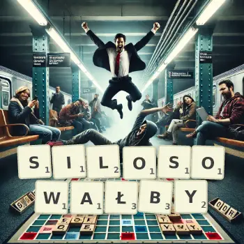 Kreatywna ilustracja do gry w Scrabble ze słowem SILOSOWAŁBY ułożonym z płytek na planszy.