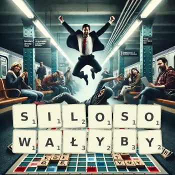 Kreatywna ilustracja do gry w Scrabble ze słowem SILOSOWAŁYBY ułożonym z płytek na planszy.