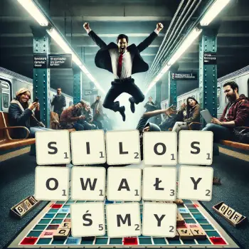 Kreatywna ilustracja do gry w Scrabble ze słowem SILOSOWAŁYŚMY ułożonym z płytek na planszy.
