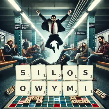 Kreatywna ilustracja do gry w Scrabble ze słowem SILOSOWYMI ułożonym z płytek na planszy.