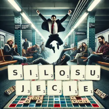 Kreatywna ilustracja do gry w Scrabble ze słowem SILOSUJECIE ułożonym z płytek na planszy.