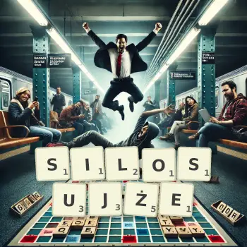 Kreatywna ilustracja do gry w Scrabble ze słowem SILOSUJŻE ułożonym z płytek na planszy.