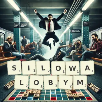 Kreatywna ilustracja do gry w Scrabble ze słowem SILOWALOBYM ułożonym z płytek na planszy.