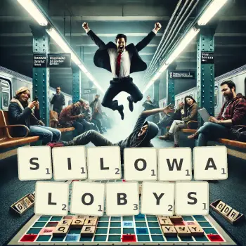 Kreatywna ilustracja do gry w Scrabble ze słowem SILOWALOBYS ułożonym z płytek na planszy.