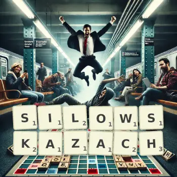 Kreatywna ilustracja do gry w Scrabble ze słowem SILOWSKAZACH ułożonym z płytek na planszy.