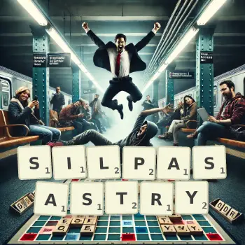 Kreatywna ilustracja do gry w Scrabble ze słowem SILPASASTRY ułożonym z płytek na planszy.