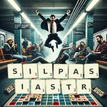 Kreatywna ilustracja do gry w Scrabble ze słowem SILPASIASTR ułożonym z płytek na planszy.