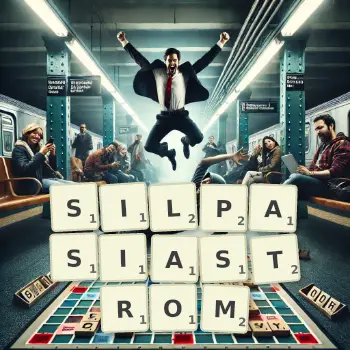 Kreatywna ilustracja do gry w Scrabble ze słowem SILPASIASTROM ułożonym z płytek na planszy.