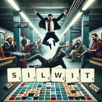 Kreatywna ilustracja do gry w Scrabble ze słowem SILWIT ułożonym z płytek na planszy.