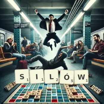 Kreatywna ilustracja do gry w Scrabble ze słowem SILÓW ułożonym z płytek na planszy.