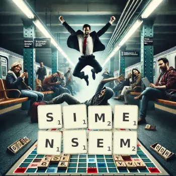 Kreatywna ilustracja do gry w Scrabble ze słowem SIMENSEM ułożonym z płytek na planszy.