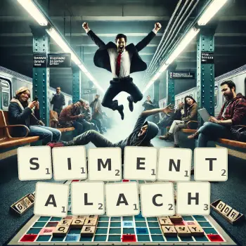 Kreatywna ilustracja do gry w Scrabble ze słowem SIMENTALACH ułożonym z płytek na planszy.