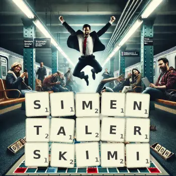 Kreatywna ilustracja do gry w Scrabble ze słowem SIMENTALERSKIMI ułożonym z płytek na planszy.