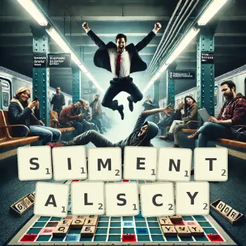 Kreatywna ilustracja do gry w Scrabble ze słowem SIMENTALSCY ułożonym z płytek na planszy.