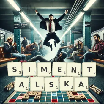 Kreatywna ilustracja do gry w Scrabble ze słowem SIMENTALSKA ułożonym z płytek na planszy.