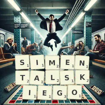 Kreatywna ilustracja do gry w Scrabble ze słowem SIMENTALSKIEGO ułożonym z płytek na planszy.