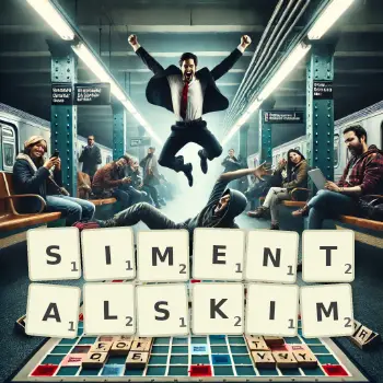 Kreatywna ilustracja do gry w Scrabble ze słowem SIMENTALSKIM ułożonym z płytek na planszy.