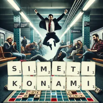 Kreatywna ilustracja do gry w Scrabble ze słowem SIMETIKONAMI ułożonym z płytek na planszy.