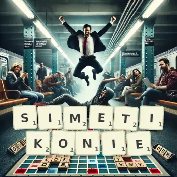 Kreatywna ilustracja do gry w Scrabble ze słowem SIMETIKONIE ułożonym z płytek na planszy.