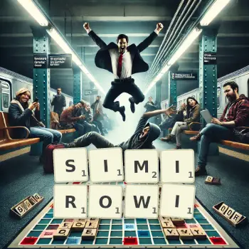 Kreatywna ilustracja do gry w Scrabble ze słowem SIMIROWI ułożonym z płytek na planszy.