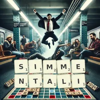 Kreatywna ilustracja do gry w Scrabble ze słowem SIMMENTALI ułożonym z płytek na planszy.