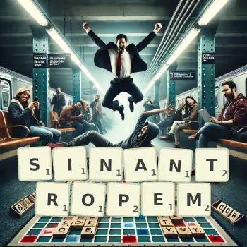 Kreatywna ilustracja do gry w Scrabble ze słowem SINANTROPEM ułożonym z płytek na planszy.