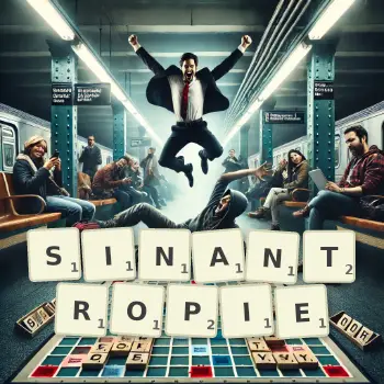 Kreatywna ilustracja do gry w Scrabble ze słowem SINANTROPIE ułożonym z płytek na planszy.