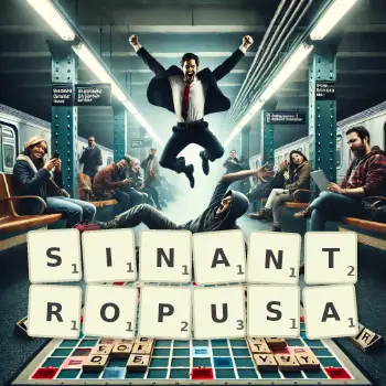 Kreatywna ilustracja do gry w Scrabble ze słowem SINANTROPUSA ułożonym z płytek na planszy.