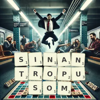 Kreatywna ilustracja do gry w Scrabble ze słowem SINANTROPUSOM ułożonym z płytek na planszy.