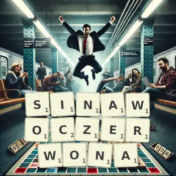 Kreatywna ilustracja do gry w Scrabble ze słowem SINAWOCZERWONA ułożonym z płytek na planszy.
