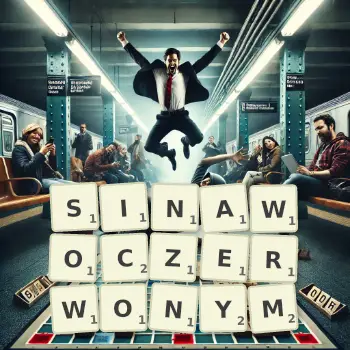 Kreatywna ilustracja do gry w Scrabble ze słowem SINAWOCZERWONYM ułożonym z płytek na planszy.