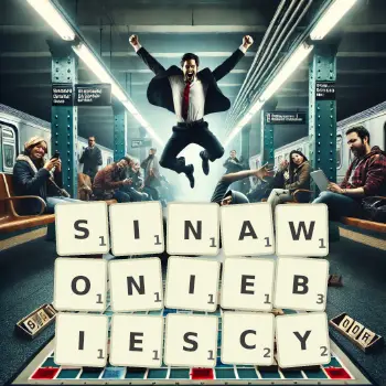 Kreatywna ilustracja do gry w Scrabble ze słowem SINAWONIEBIESCY ułożonym z płytek na planszy.