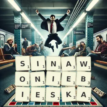 Kreatywna ilustracja do gry w Scrabble ze słowem SINAWONIEBIESKA ułożonym z płytek na planszy.