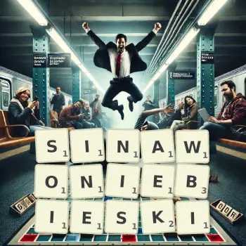 Kreatywna ilustracja do gry w Scrabble ze słowem SINAWONIEBIESKI ułożonym z płytek na planszy.