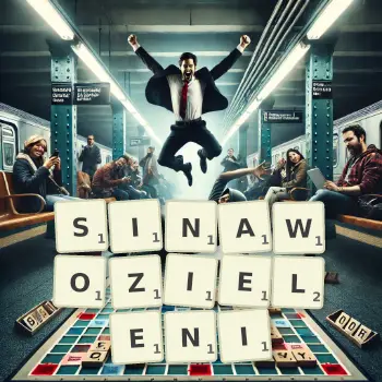 Kreatywna ilustracja do gry w Scrabble ze słowem SINAWOZIELENI ułożonym z płytek na planszy.