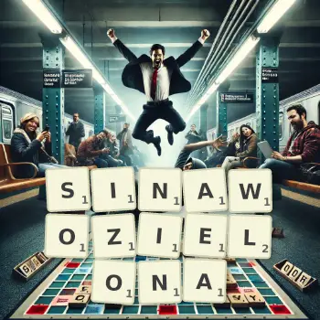 Kreatywna ilustracja do gry w Scrabble ze słowem SINAWOZIELONA ułożonym z płytek na planszy.